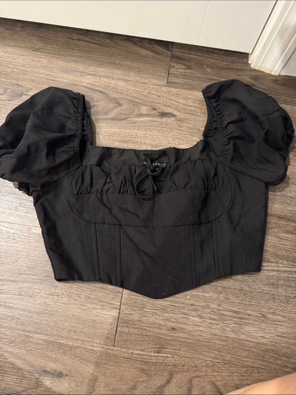 Kendall & Kylie Black Puff-Sleeve Corset Crop Top with Front Tie